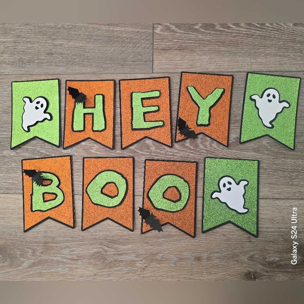 Halloween Theme Banner with Ghosts and Bats - Orange and Green